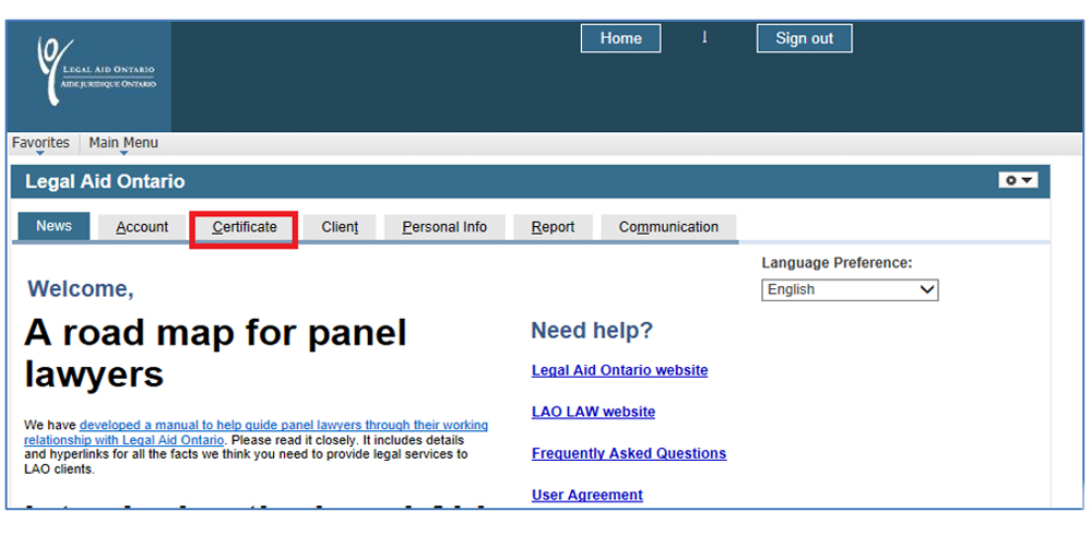 Screenshot of the Legal Aid Online welcome page. The certificate option on the top navigation menu is highlighted.