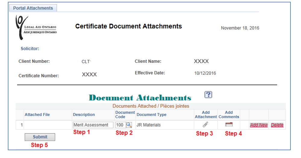 Screenshot of the Certificate Documents Attachments page. The fields and buttons relating to the five steps are highlighted as follows: Step 1 is the Description field. Merit Assessment has been typed in as an examle. Step 2 is Document Code. Step 3 is Add Attachment. Step 4 is Add Comments. Step 5 is Submit.