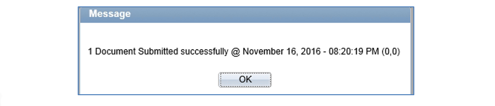 Screenshot of the successful submission message window. Message reads “1 document submitted successfully @ November 16, 2016 – 08-20-19 PM (0,0)” 