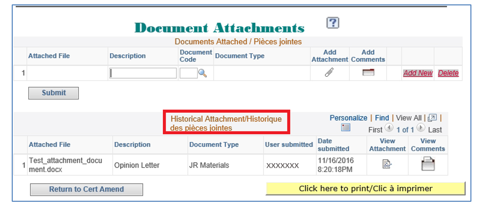 Screenshot of the historical attachments section showing the file submitted to the system.